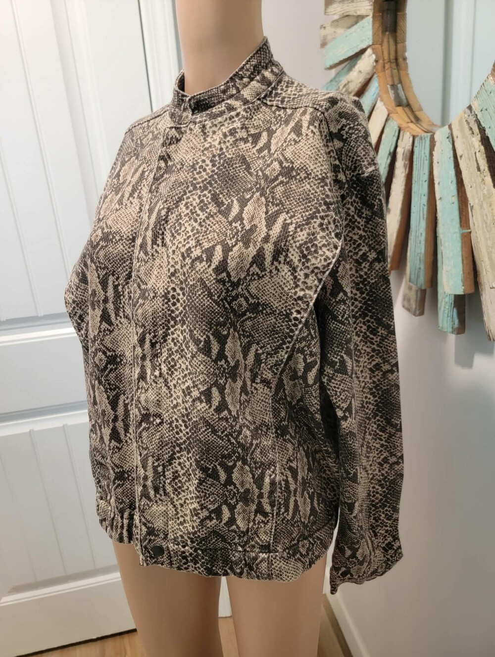 Love, Fire Size M Python Twill (Denim) Full Zip High Neck Bomber Jacket